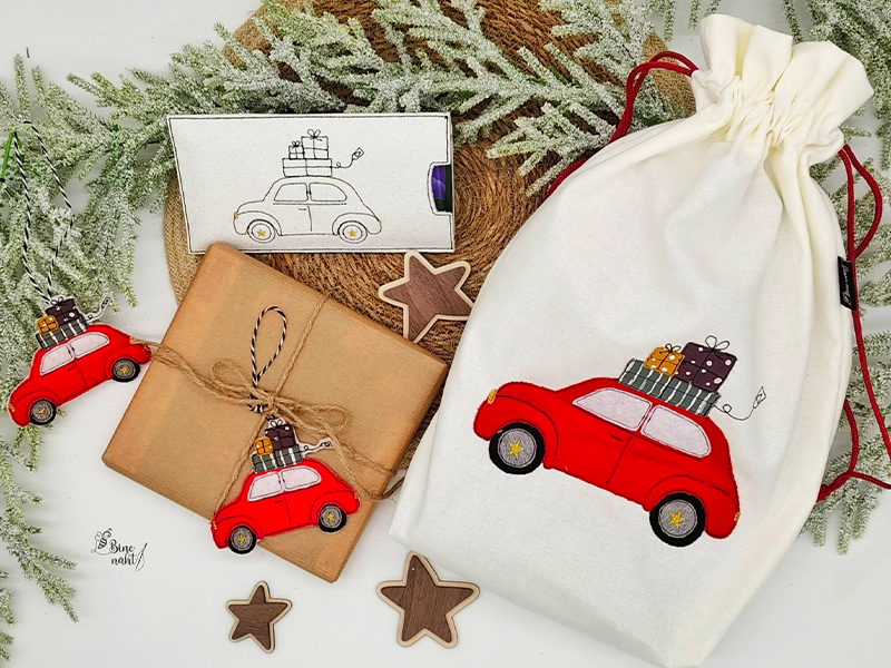 Preview: Retro Auto Weihnachts Anhänger Set- ITH-Stickdatei